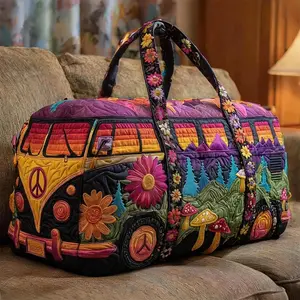Hippie Van Quilted Duffle Bag, Colorful Retro Weekender Travel Tote, Cute Overnight Carry On Bag for Gym, Road Trip and Daily Getaways