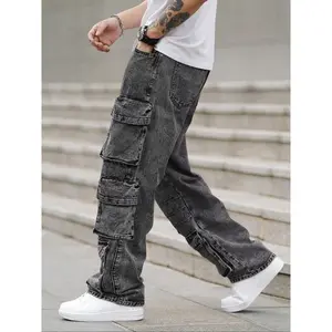 Men'sStreetStyleWashedWideLegCargoJeans,LooseFitStreetFashionCasualComfyMulti-pocketDenimPantsforDailyWear,Men'sTrousersforAllSeasons,Streetwear