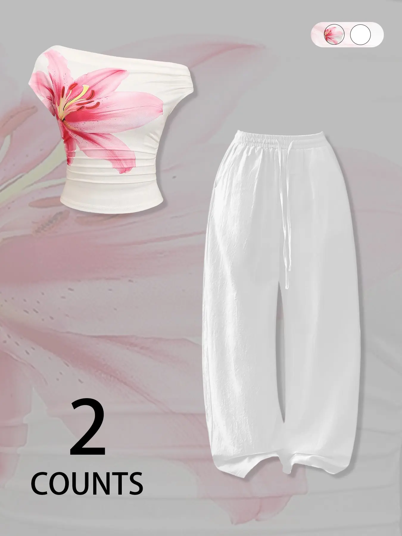 Lily Print Off Shoulder Crop Top Wide Leg Pants 2 Piece Set, Y2K Floral Bandeau And Drawstring Pant, Adjustable, Lightweight, Summer Casual Off Shoulder Outfit, Street Style, Vacation, Y2K Streetwear Clothes