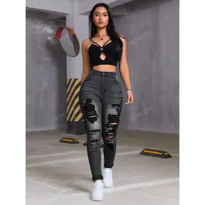 Women's Skinny Ripped Jeans High Waist Slim Fit Denim with Pockets Zipper Closure Long Light Wash Cotton Casual Daily Wear Black Pants Minimalist Streetwear Basic Bottom - Fabric