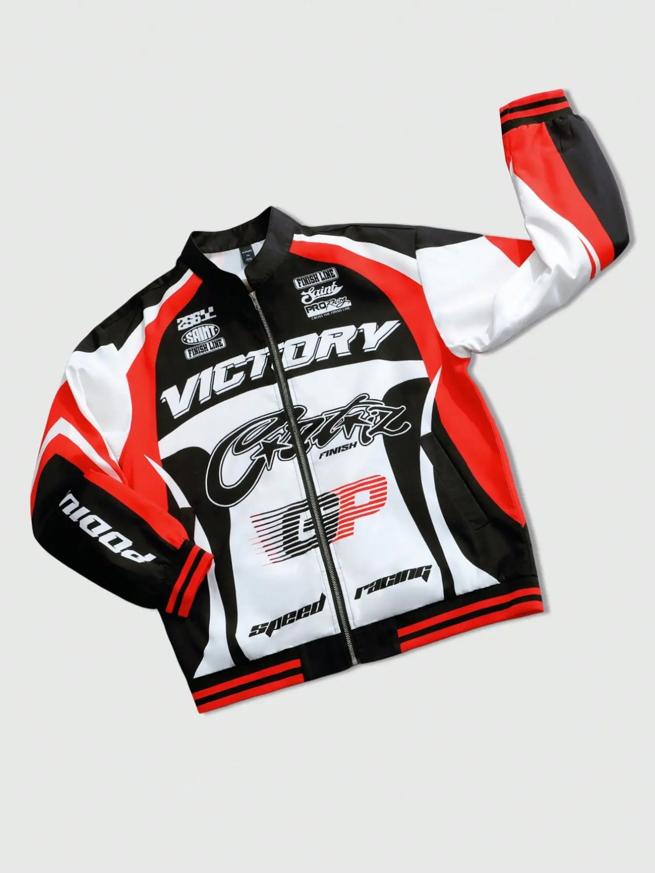 Mens american retro racing style stand collar jacket with black white and red color block splicing and multiple racing-themed prints like victory zip-up front design loose dropped shoulder fit windproof and waterproof fabric for streetwear and sports wear