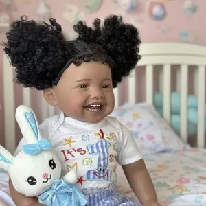 TopLink 24in (60cm) Reborn Baby Doll, Handmade Black Cute Smiling Simulation Doll with Soft Vinyl Head & Limbs, Cloth Body, Implanted Hand-Rooted Hair, High-Grade Acrylic Eyes