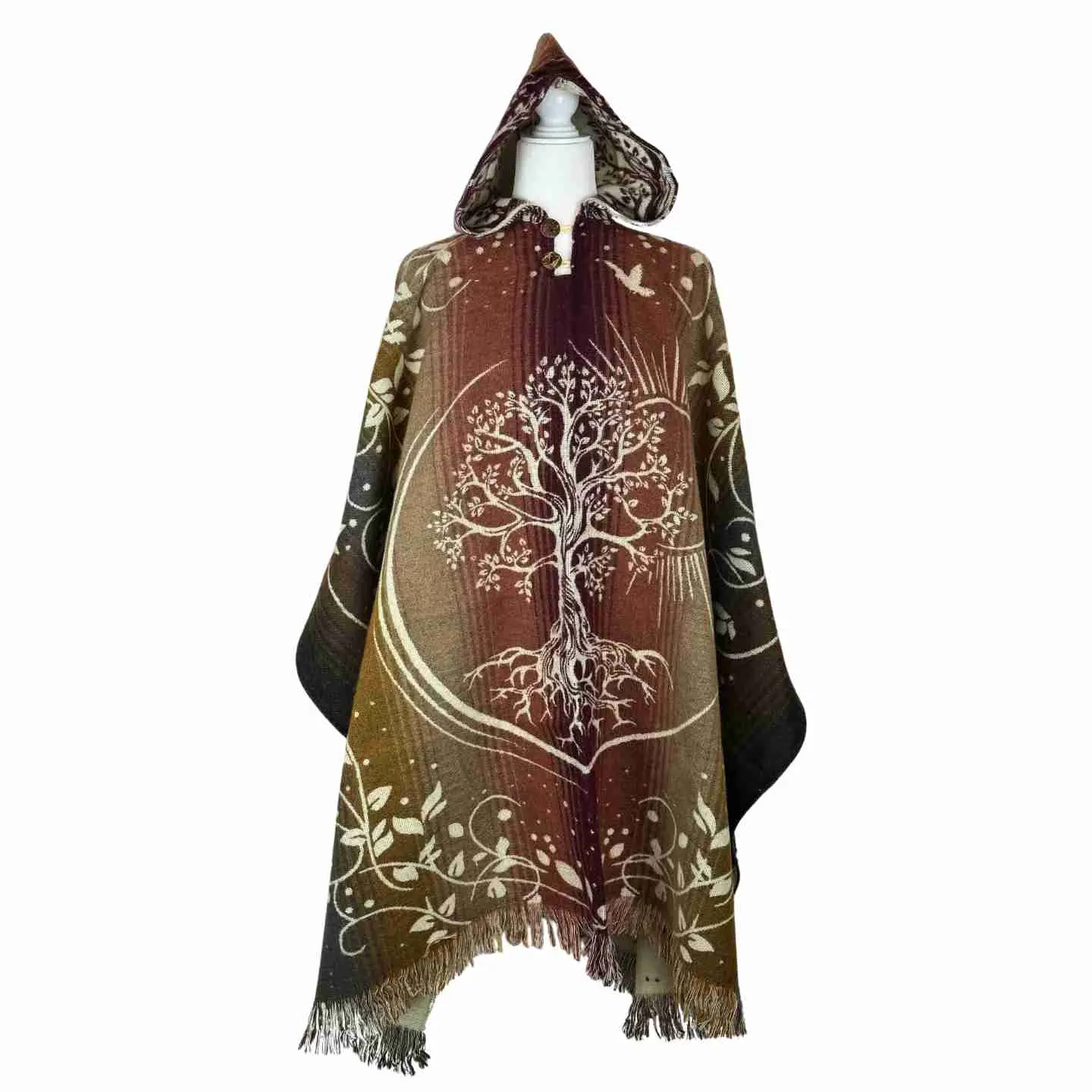 Artisanal Craftsmanship Wool Blend Tree of Life Poncho Shawl, Fashion Scarf & Shawl Accessory, All Seasons, Tree Motif, Unisex Wear, Handcrafted, Softness, Fringe, 36 Inches + 1 Inch Fringes