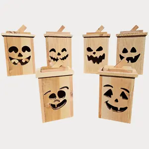 Handcrafted Wooden Jack O’ Lantern – Real Cedar Halloween Lantern with LED Light – Choose Face & Finish – Durable Fall Decor
