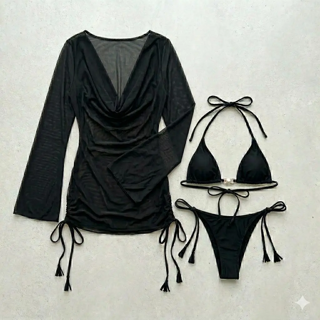 Women's Mystic Sea 3-Piece Bikini Set, Deep V Bikini with Sheer Bell Sleeve Ruched Cover-Up Dress, Metallic Ring & Pearl Detail, Ultra-Lightweight Mesh Swimwear