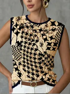 Women's Elegant Artistic Quilted Star Print Round Neck Sweater Vest, Casual Sleeveless Knit Top for Spring Summer Fall
