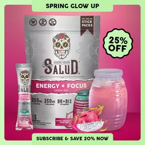 Salud 2-in-1 Energy & Focus Drink Mix with 200mg Organic Caffeine, Pitaya (Dragon Fruit) Flavor, 350mg L-Theanine & 500mg L-Tyrosine, Clean Energy Drink, Vegan, Non-GMO, Gluten Free - Beverage