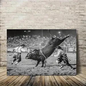 1pc Bull Riding Rodeo Canvas Wall Art Poster  - 2D Flat, Hook-and-Loop Installation, Vibrant Black & White Action Scene for Home & Living Room Decor, Aesthetic Style, Rodeo Theme, 2D Flat