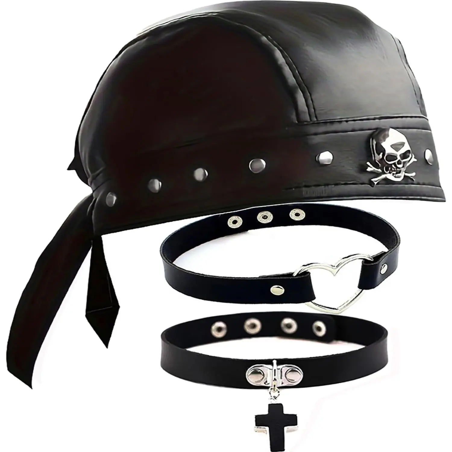 PU Leather Skull Cap - Tie-Back Biker Doo Rag Cloth Head Wrap with 2 Fabric Necklaces, Punk Menswear Costumes Accessory for Men, Matching, Set