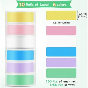 10 Rolls Thermal Label Refills for D30/L11/L13 Printer - 12mm x 40mm Color Sticker Paper - White/Pink/Blue/Yellow/Green/Purple