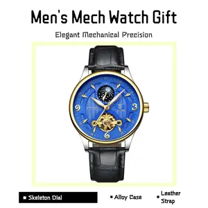 TEVISE New Men's Business Mechanical Watch with Skeleton Dial, Alloy Case and Leather Strap, Elegant Gift Timepiece