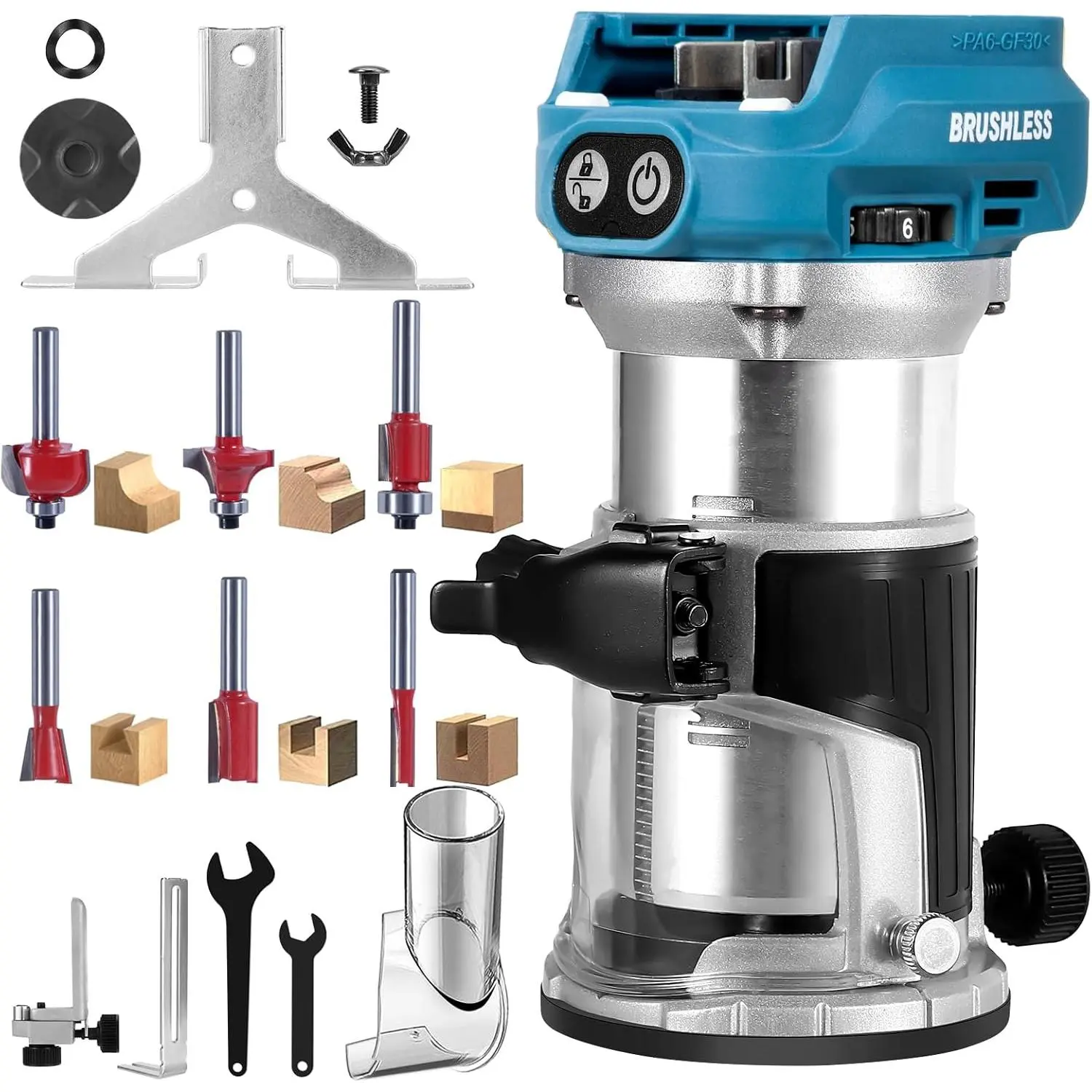 Cordless Compact Router Compatible with Makita 18V , 800W Brushless  30,000RPM 6-Speed, Woodworking DIY with Edge Guide Dust Hood & 6 Router Bits(No )