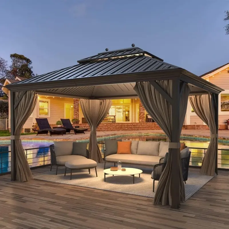 12' x 14' Hardtop Gazebo, Galvanized Steel Double Roof Pergola with Aluminum Frame, Netting, and Curtains, Outdoor Pavilion for Garden, Patio, Lawn, and Parties