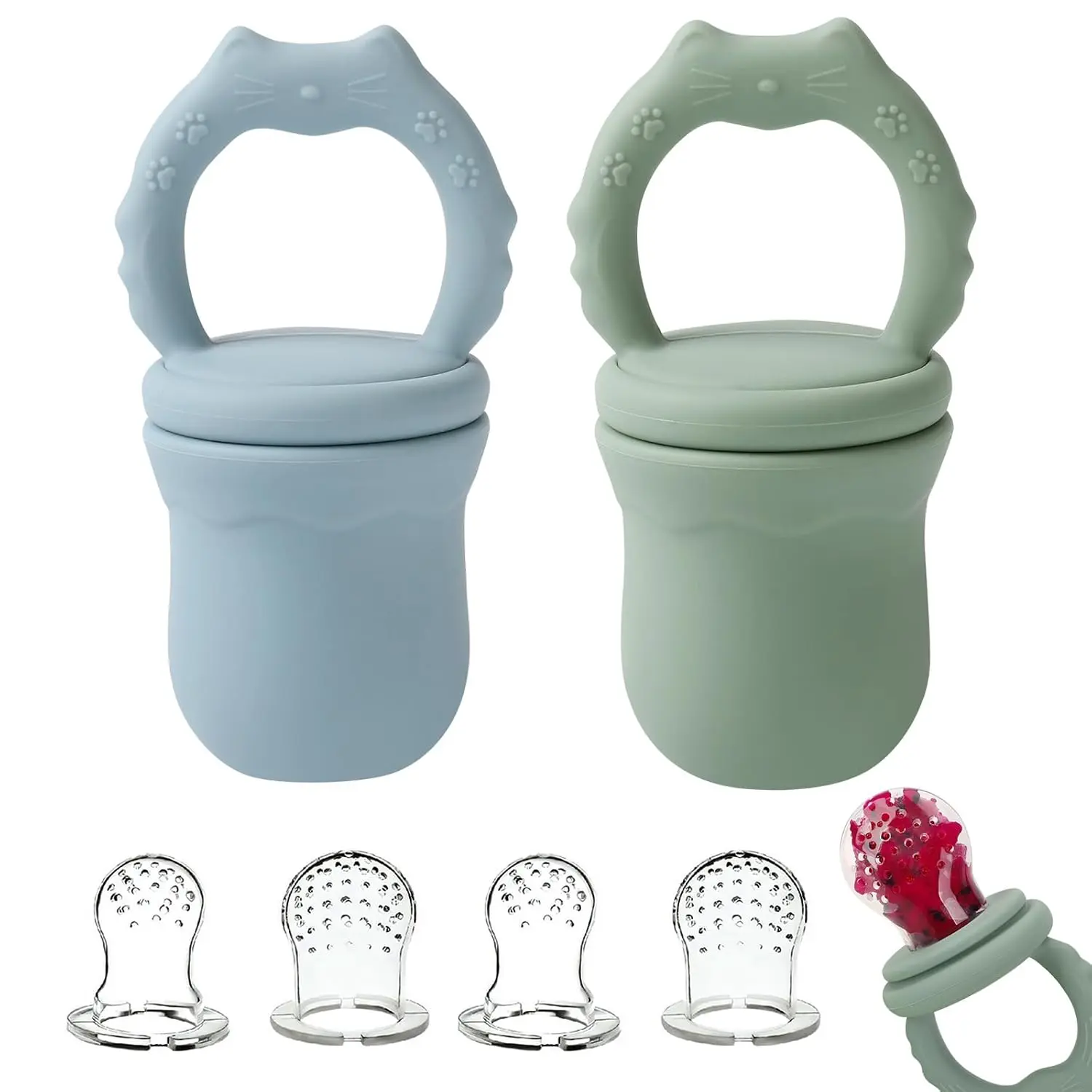 2-Pack Silicone Baby Fruit Feeder Pacifier, 3 Size Pouches for Teething Relief, BPA-Free Frozen Teether Toy for 3-12 Months – Sage & Ether