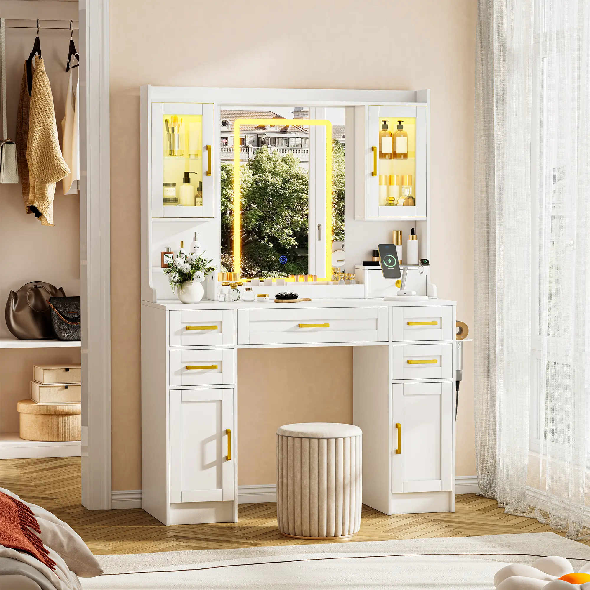 Summervibes LHBcraft Makeup Vanity with 16 RGB Colors LED Lights, Adjustable Dressing Table with LED Lights, Vanity Mirror Desk with Ample Storage& Charging Station