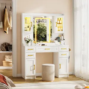 [Valentine's Day gift] LHBcraft Makeup Vanity with 16 RGB Colors LED Lights, Adjustable Dressing Table with LED Lights, Vanity Mirror Desk with Ample Storage& Charging Station