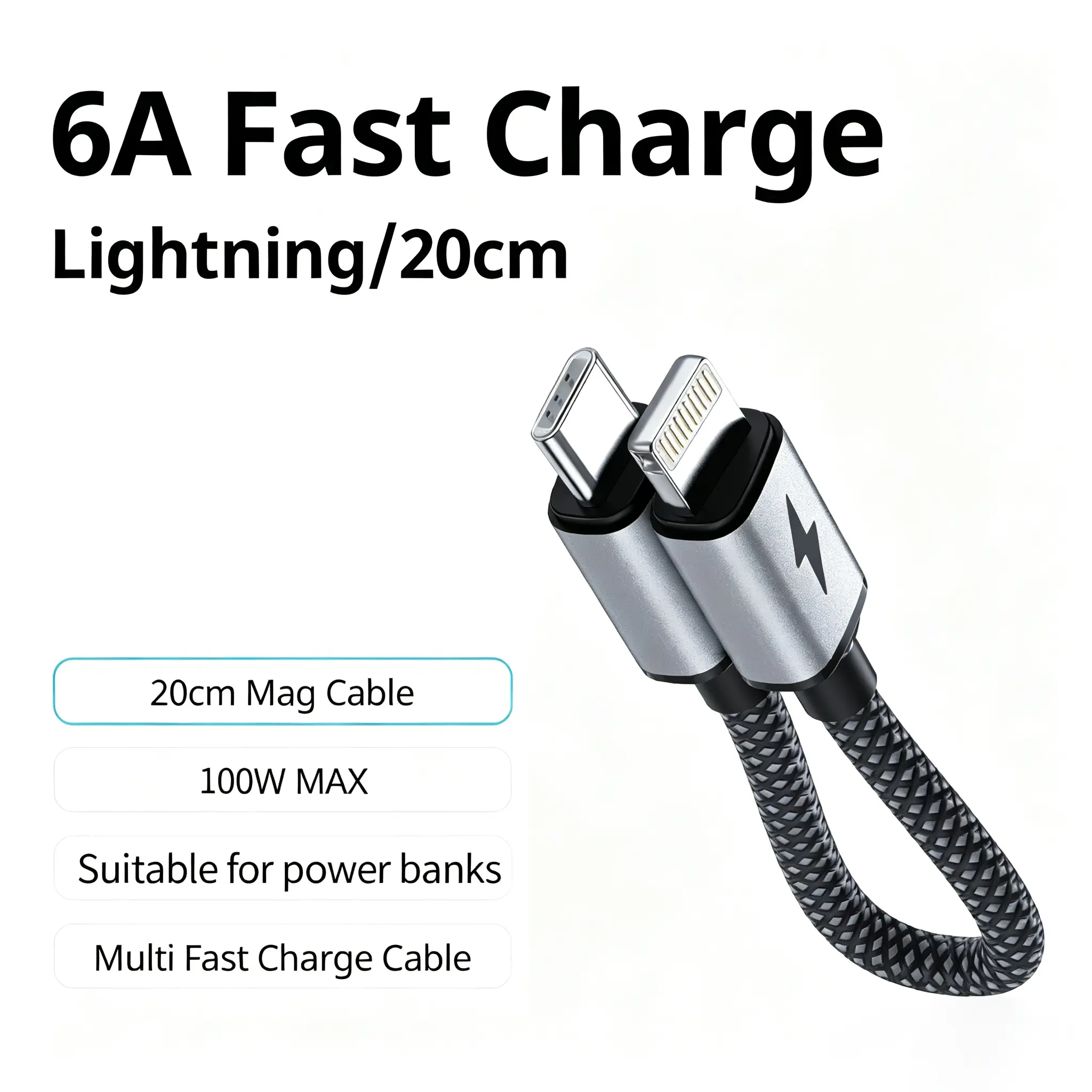 Kaxoe 0.2M Braided Magnetic USB-C to Lightning Short Cable - 100W PD Fast Charging Cable, Compatible with iPhone 6-14 Plus Pro Max, Ideal for Power Bank,Suitable for home use, outdoor trips and hiking