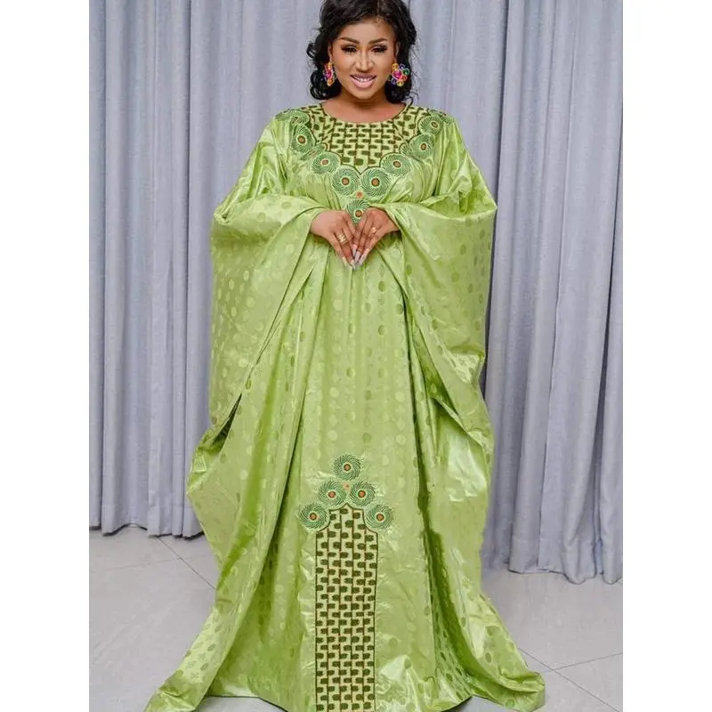 Women's African Dashiki Formal Bazin Gown - Traditional Embroidery, Long Sleeve, Ankara Green, Lady Clothes for Nigeria Wedding, Evening Party, Formal Dresses For Women, Wedding Guest Outfit, African Fashion, Bust, Pure Cotton