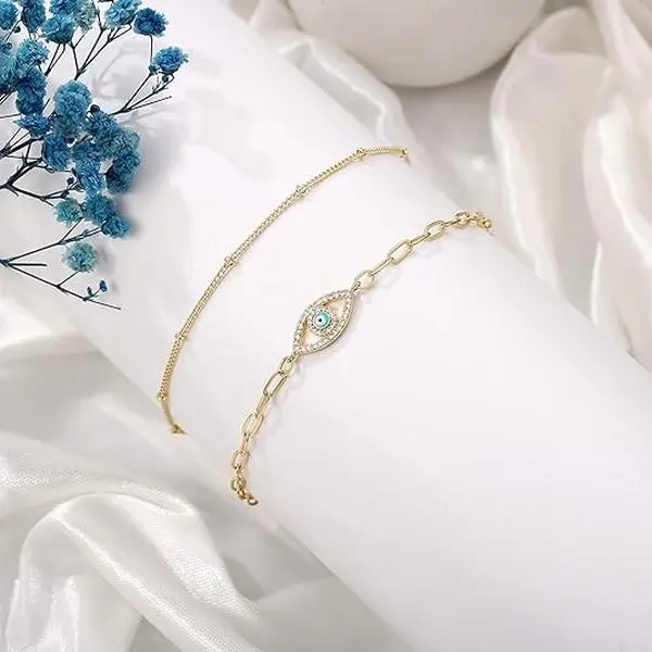 Dainty Gold Bracelets for Women, 14K Gold Plated Adjustable Layered Beads Bracelet Cute Evil Eye Oval Chain Pearl Bar Turtle Gold bracelet womens gifts engagement rings