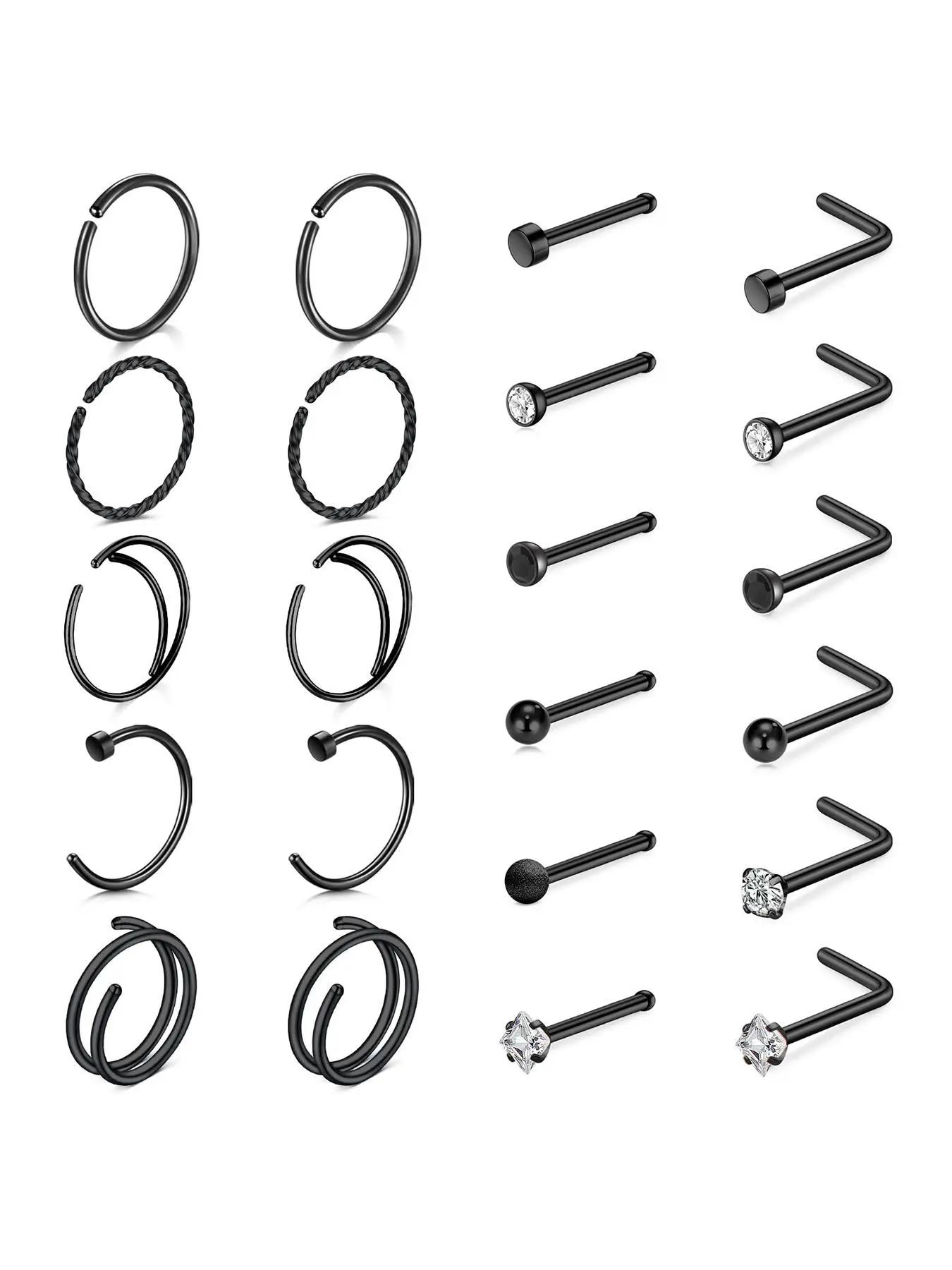 22pcs/set Unisex Rhinestone Decorated Hinged Nose Ring, Stainless Steel Nose Piercing Jewelry, Body Jewelry Accessory, Body Jewellery, Body Piercings for Party & Daily Decoration
