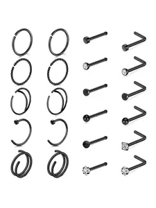 22pcs/set Unisex Rhinestone Decorated Hinged Nose Ring, Stainless Steel Nose Piercing Jewelry, Body Jewelry for Party & Daily Decoration