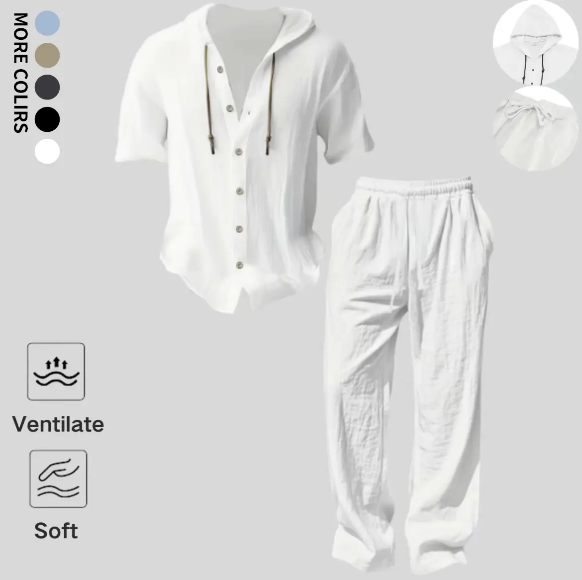 Soft breathable wrinkled texture hooded short sleeve button shirt matched with elastic drawstring long trousers, lightweight ventilated fabric loose relaxed silhouette comfy casual essential for daily vacation minimalist mensfashion outfits