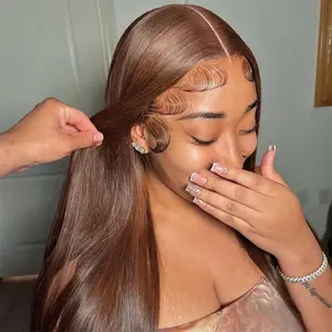 4# Brown Straight Lace Front Wig 13x6 HD Transparent Lace Frontal Wig Human Hair Preplucked Colored Human Hair Wigs 180% Density