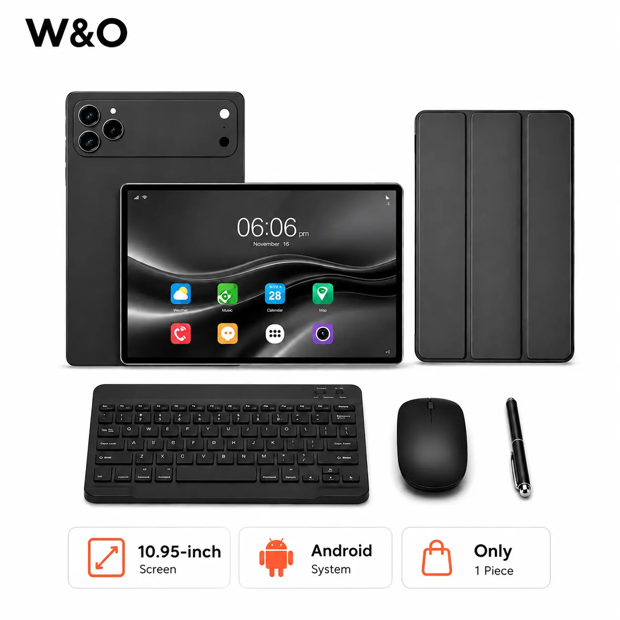 W&O 2026 Android 15, 11-inch Tablet, 12GB RAM + 256GB Expandable Storage, Long Lasting Battery, Large HD Screen, 10000mAh Battery, 5G WiFi, Portable Device with Keyboard, Mouse, Case, Stylus, Dual Camera, Work, Valentine’s Day Gift bundle