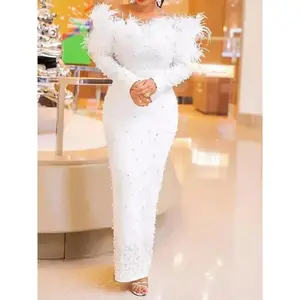 beading party dress for women sexy off shoulder long sleeve elegant bodycon formal event evening wedding robe