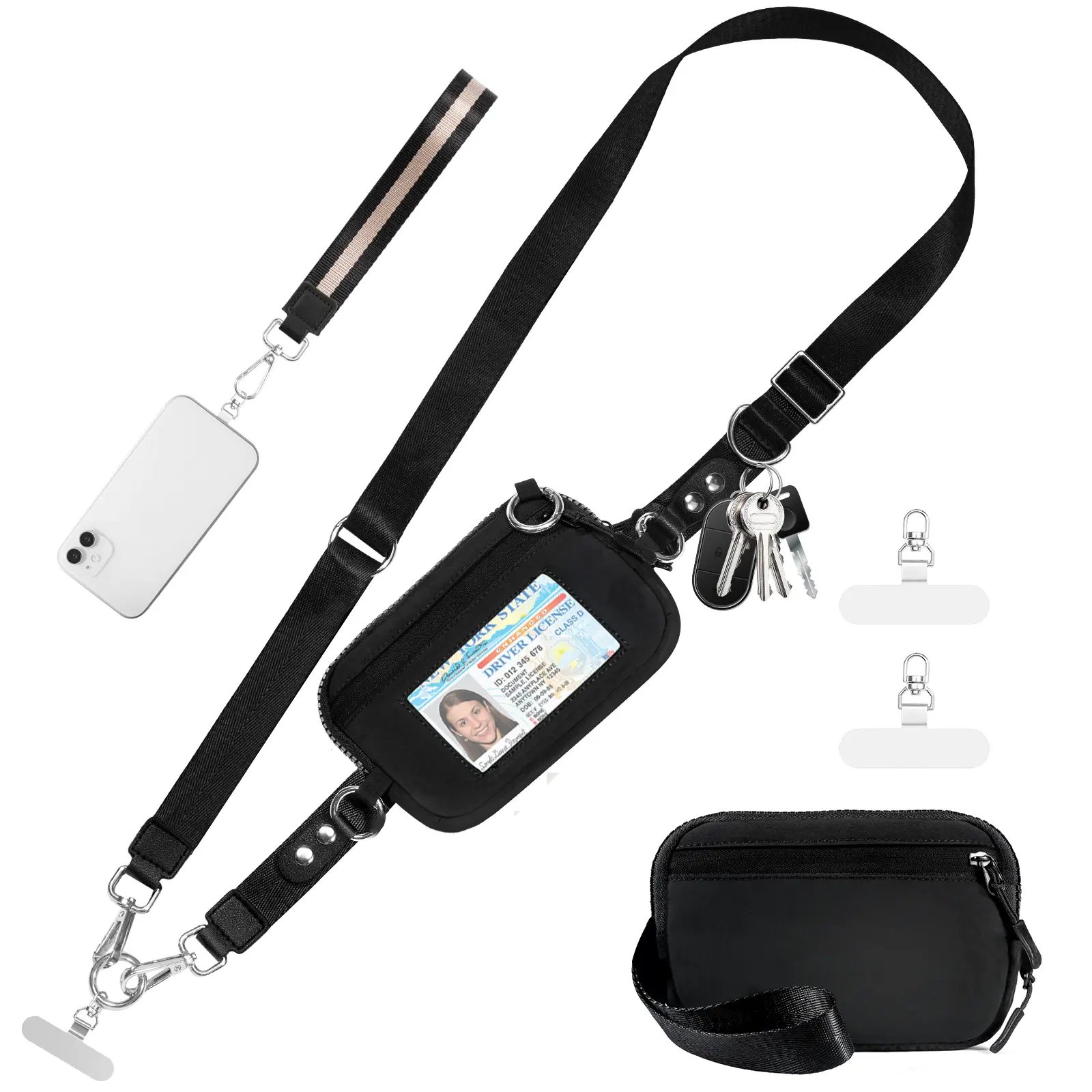 Clip and Go Strap Bag for phone with wallet Adjustable Crossbody Phone Lanyard and Detachable RFID Wristlet Wallet with ID Window Concert Bag