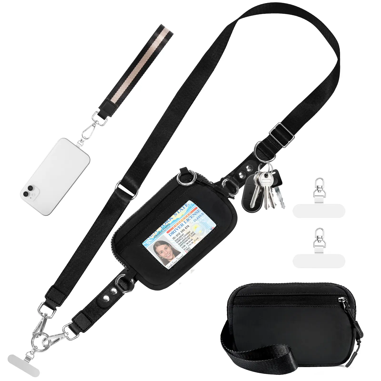 Never Lost Clip and Go Strap Bag for Phone M/Large Lanyard Crossbody Adjustable and Detachable RFID Wristlet Wallet