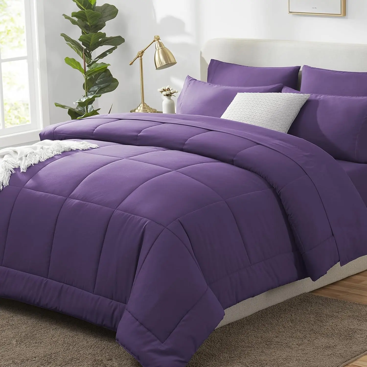 Size Comforter Purple, 7 a Bag, Purple Comforter King Size, Sets with Quilted Comforter, Flat Sheet, Sheet, Pillowcases