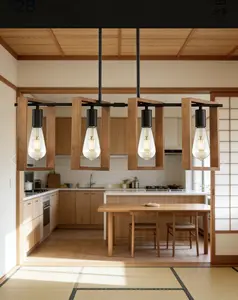 Farmhouse Kitchen Lighting Black Chandeliers for Dining Room Wooden Lights, Industrial Rectangle Light Fixtures Ceiling Hanging (4Lights)