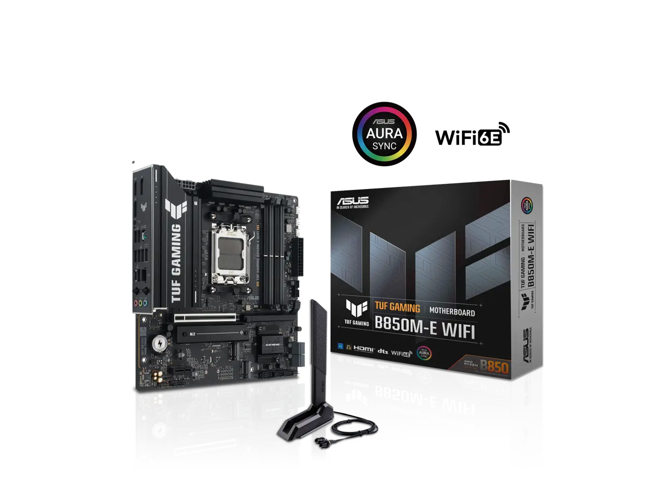 ASUS TUF GAMING B850M-E WIFI AMD B850 mATX motherboard, 8+2+1 80A DrMOS power stages, DDR5, PCIe 5.0, three M.2 slots, WiFi 6E, 2.5Gb Ethernet, DisplayPort, HDMI, rear USB-C 10Gbps and front USB-C 5Gbps