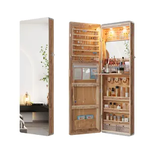 Lvifur Over the Door Jewelry Organizer with LED Lights, 47.2" Full Length Mirror with Storage, Wall Mounted Jewelry Armoire, Hanging Mirror with 2 Drawers,Lokable,3 Shelves
