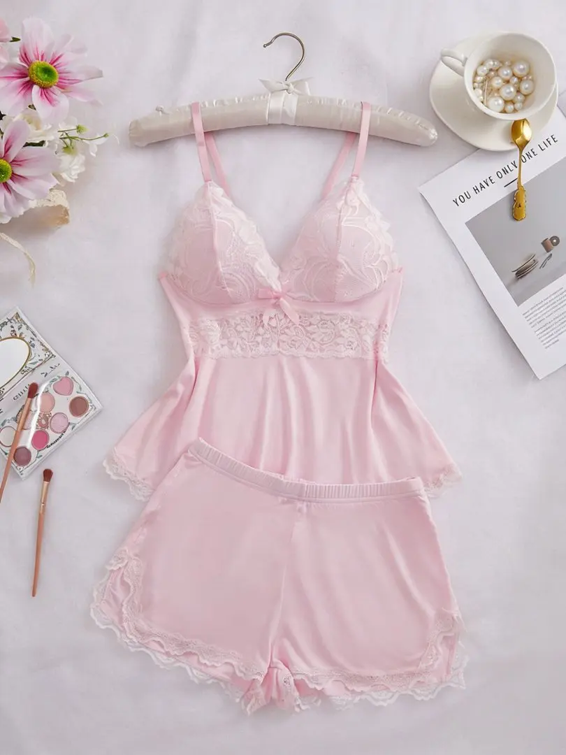 Women's Solid Color Lace Trim Cami Top & Shorts Pyjama Two-piece Set,Casual Comfy Soft Elegance Camisole & Shorts PJ Set Pajamas, Women's Sleepwear & Loungewear Homewear Drawstring Drawstring