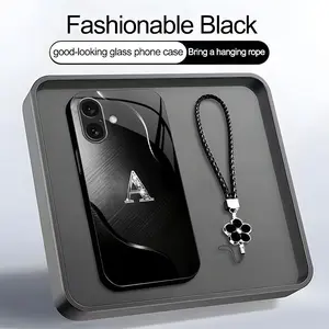 Black Wave Art 26 letter Phone Case, Suitable for [iPhone 16] high-end women's, Lanyard a beautiful four-leaf clover lanyard is included🍀 952