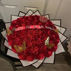 Red Roses Bouquet with Gold Butterflies and Crown for Mother's Day Gift