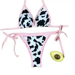 Women’s Cow Print Bikini Swimwear Set Tie Side Triangle Bikini Comfortable Beach Vacation Summer 4-way Stretch Polyester Spandex Quick-dry Fade-resistant Design BikiniSet Swimwear SummerStyle BeachWear VacationOutfit PoolParty SwimFashion