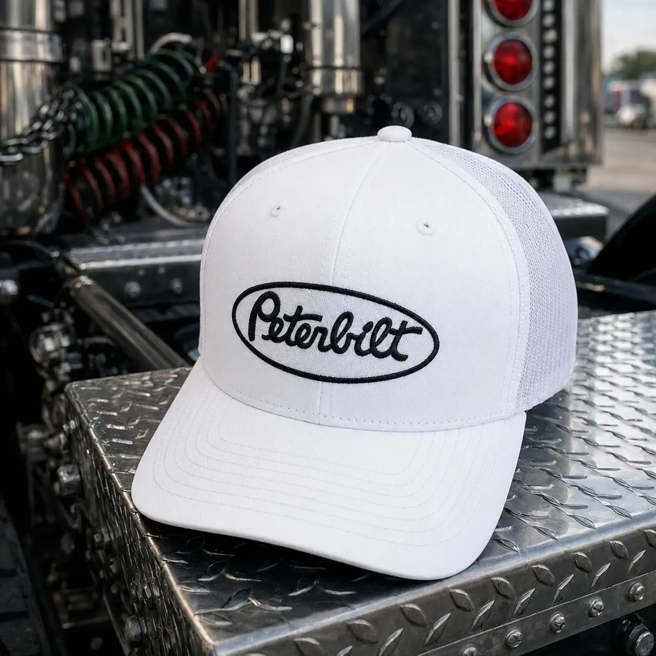 Peterbilt White Patch Trucker Hat, Black Mesh Snapback Cap, Embroidered Patch Hat, Semi Truck Driver Gift, Big Rig Enthusiast Adjustable Cap