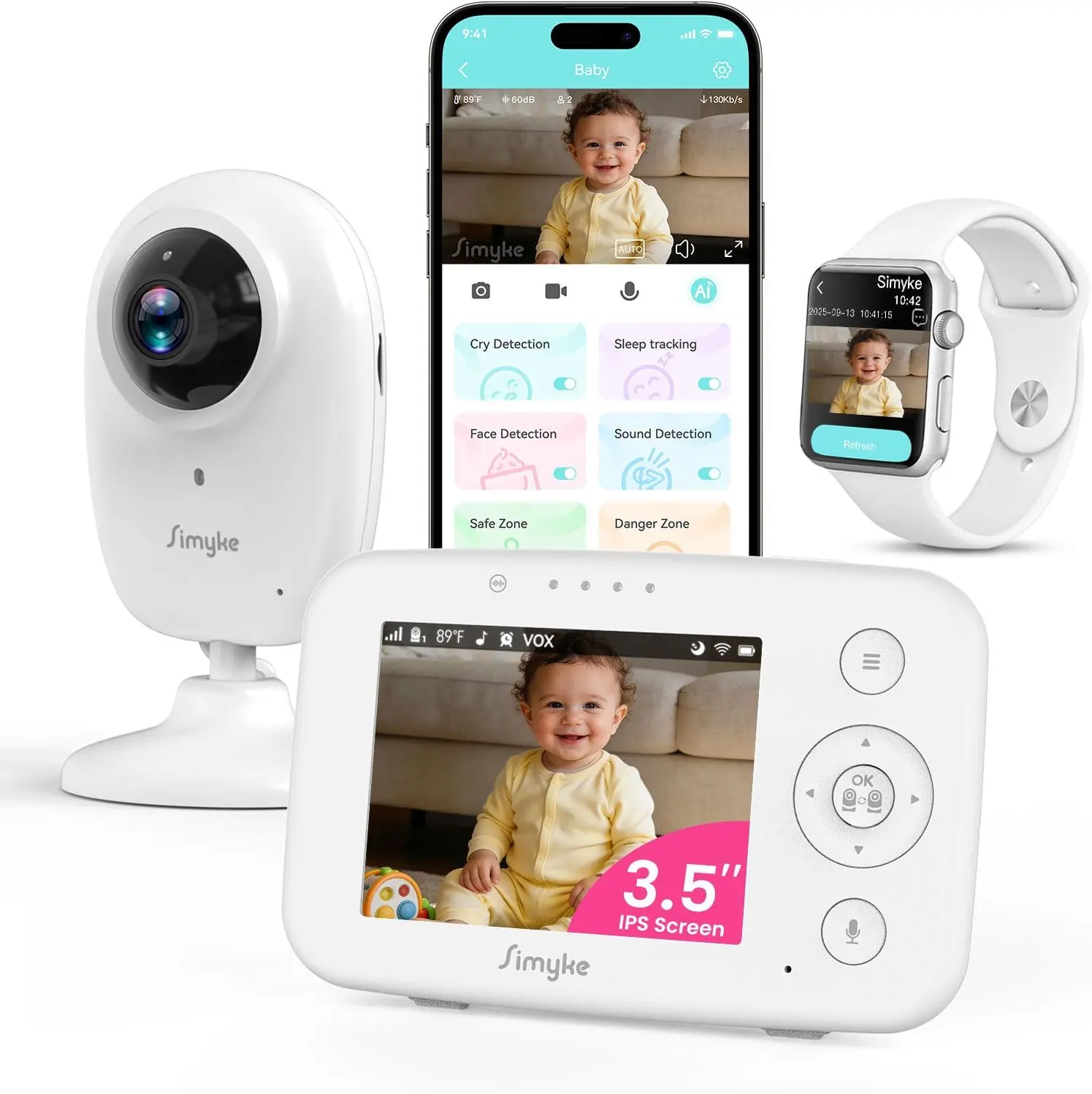 Simyke Indoor Camera Security with No WiFi 3.5" Video Baby Monitor, 1080P flock camera,  AI Motion Detection, Two-Way Talk Cam, Night Vision, Cloud/SD Card Storage Security Camaras for Home,Plug&Play Nursery