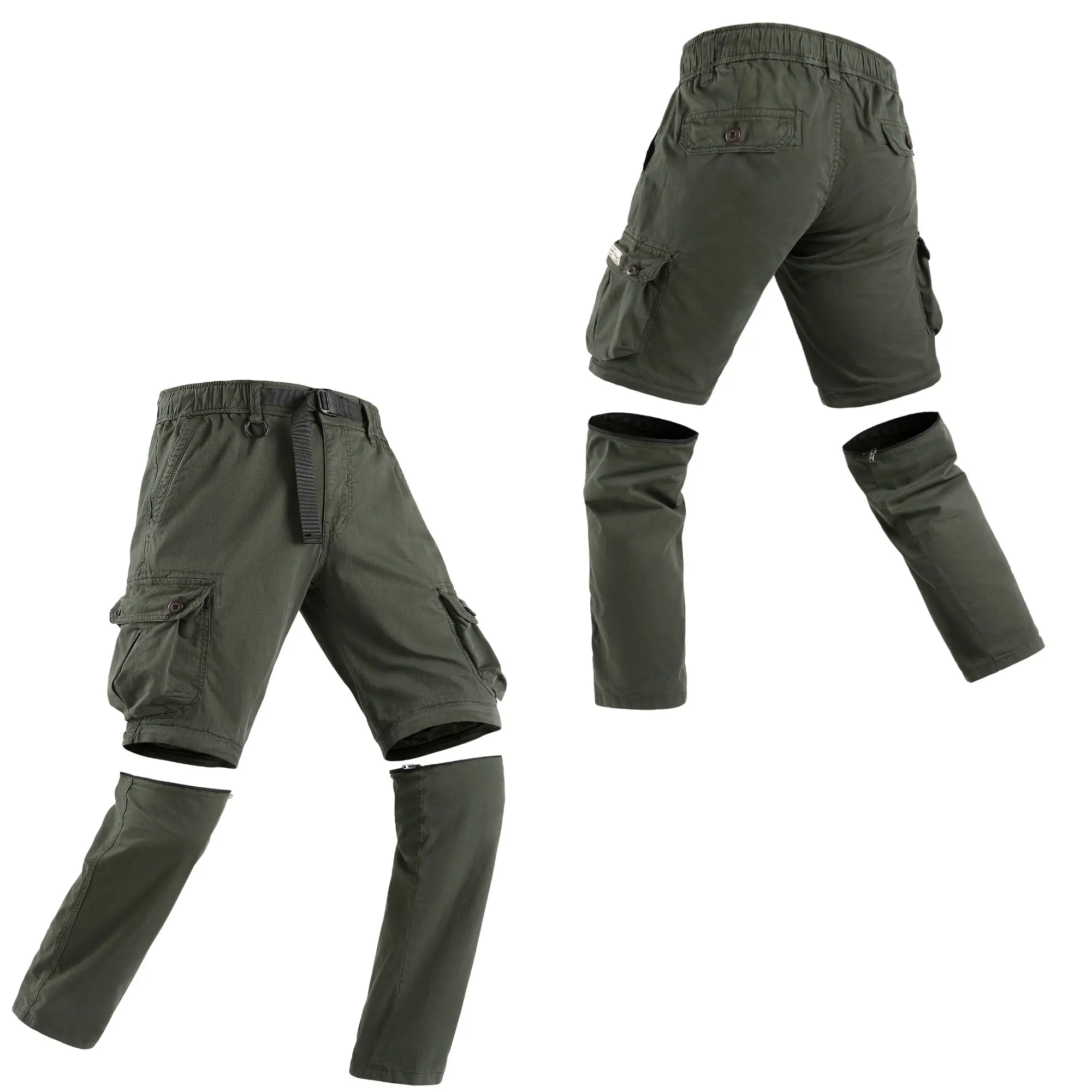 Men’s detachable two-section cargo pants with adjustable waistband, multiple flap pockets; one pair, two ways—transforms into shorts for outdoor hiking.