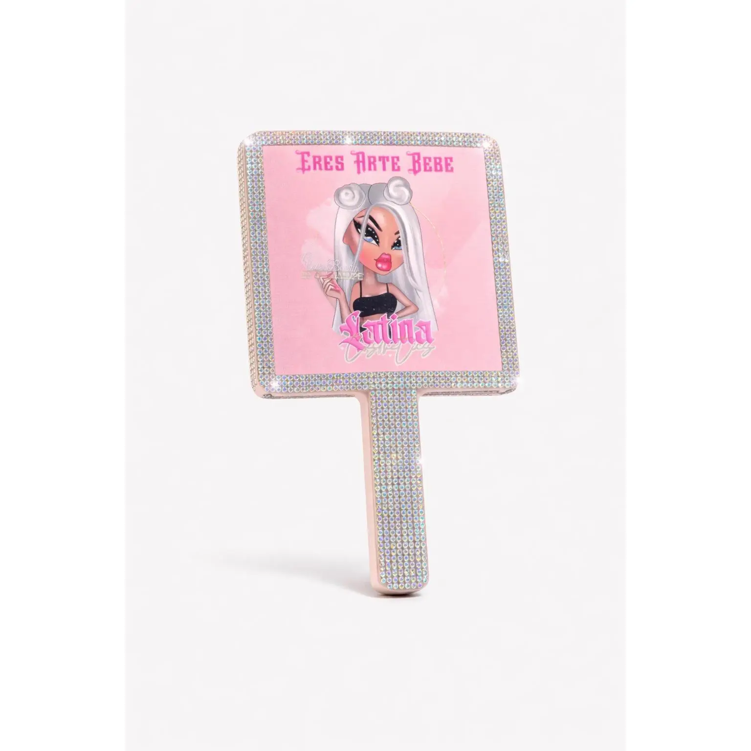 Espejo de Mano "Eres Arte Bebé" Glam Rhinestone Mirror for Makeup & Touch-Ups Perfect for Vanity or Bag Lightweight & Portable Ideal Personal Use or Gift