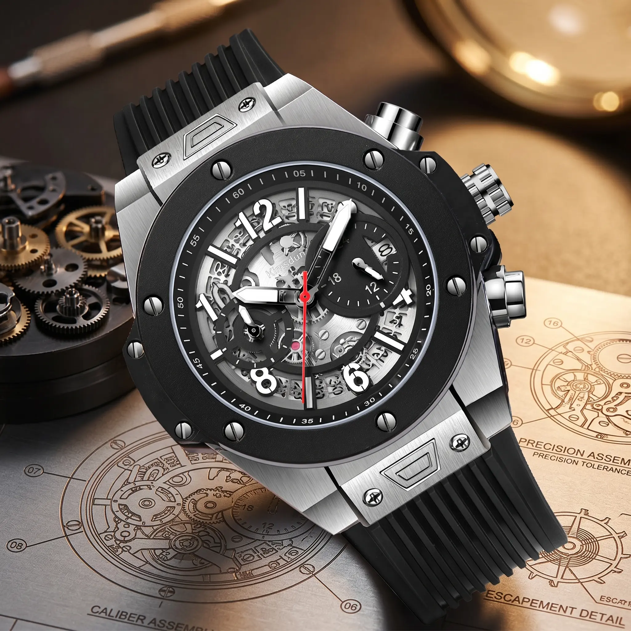 Men's Skeleton Watch - Industrial Mechanical Style Sport Wristwatch, Water Resistant, Sleek Silver & Black Design