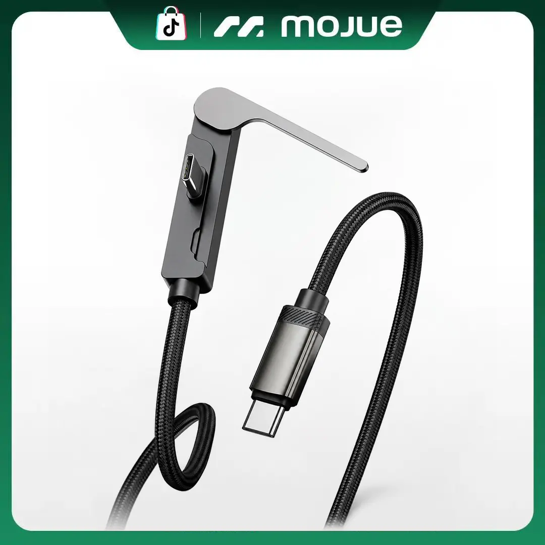 MOJUE 5FT 100W USB-C Charging Cable with Foldable Phone Stand, USB-C or Lightning Option, 90° Right Angle Nylon Braided Data Cable, Built-in Phone Holder for iPhone Series, Tablets, Laptops, Gaming and Travel, Black charger cable invisible tiktokshopbackt