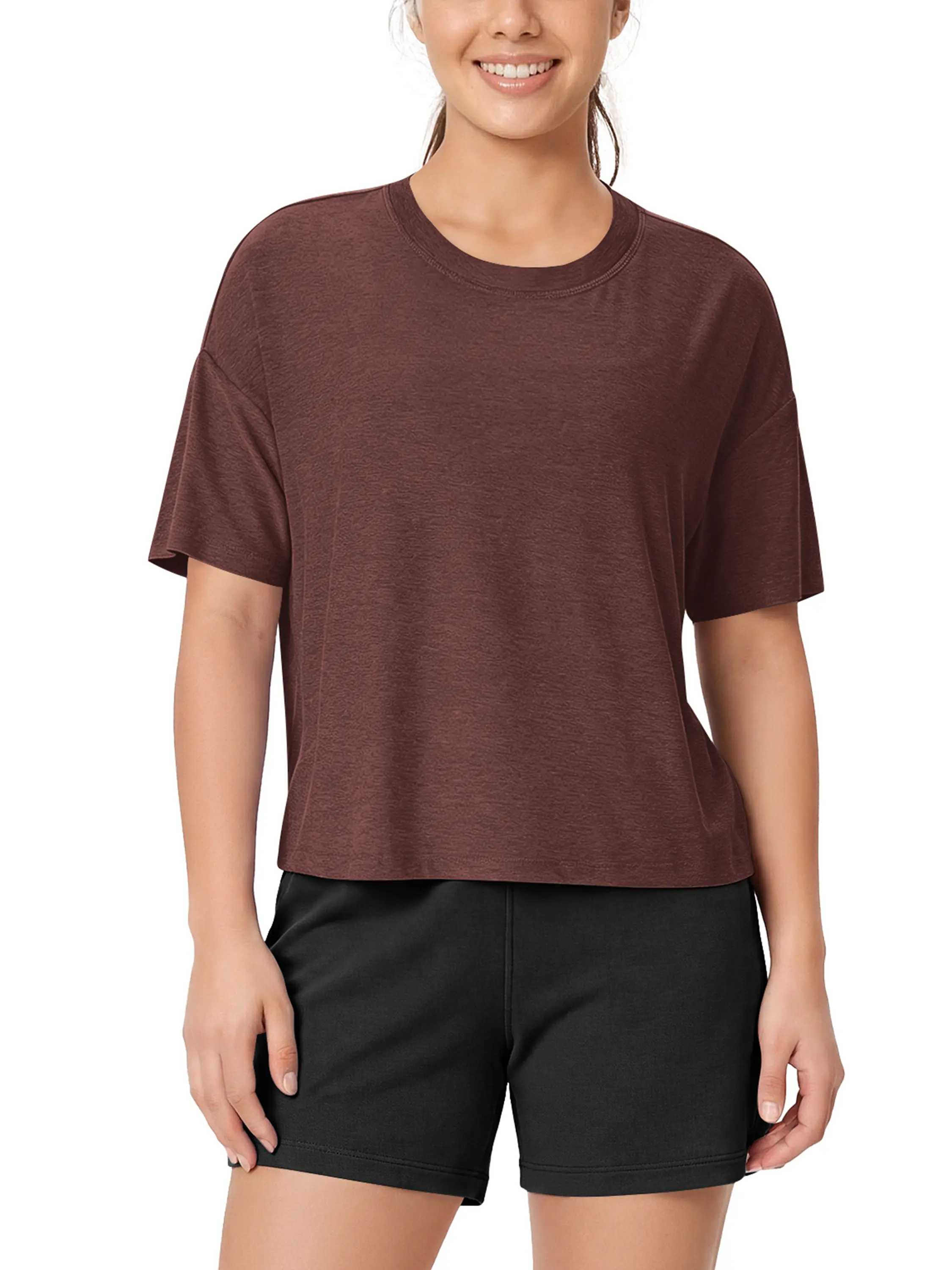 ODODOS Women's Oversized Activewear Crew Neck Short Sleeve Crop Tee - Ultra Soft odSTRATUM Outdoor Fabric, Sun-Protective, Hip-Flattering Jersey Top for Leggings Pairing, Breathable, Silky Basic Fit, Dusty Blue Heather, Evening Wear
