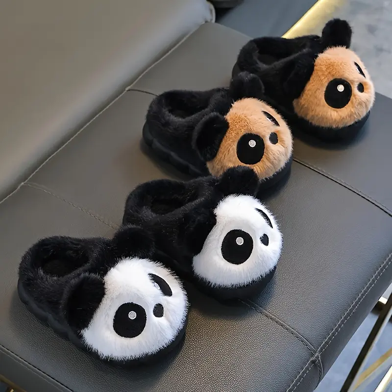 Kids' Plush Slip-On Slippers Winter Warm House Shoes Cute Panda Interior Soft Plush Exterior Non-Slip PVC Sole for Toddlers Boys & Girls Birthday Christmas Gift Easy Slip-On Indoor Outdoor Footwear