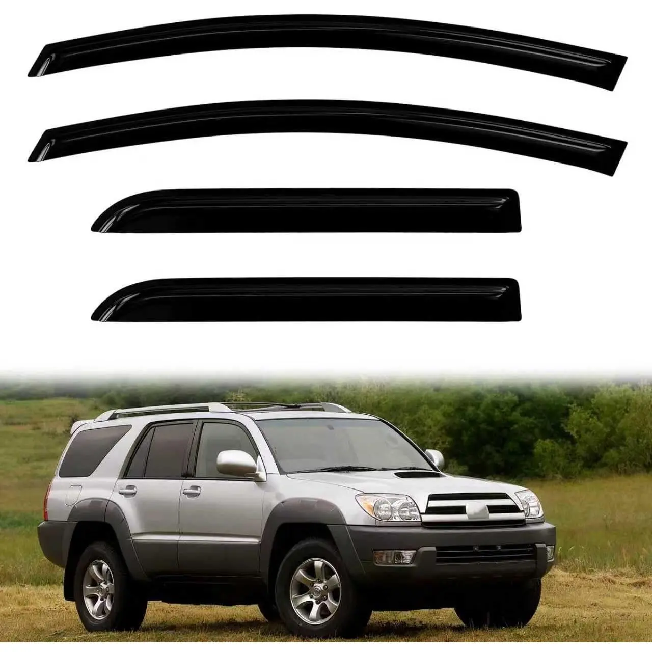 4PC Acrylic Side Window Visors for 2003-2009 Toyota 4Runner, Out-Channel Tape-On Deflectors That Reduces Sun Glare, Blocks Rain and Wind, Enhances Cabin Airflow