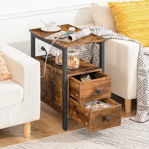 HOOBRO Set of Two End Table with Charging Station, Narrow Side Table with 2 Drawer & Power Outlets, Nightstand Small Spaces, Rustic Brown and Black #SummerVibes