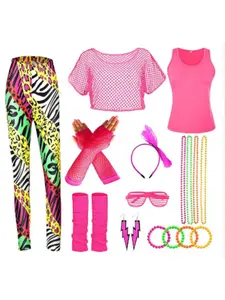 80s Retro Women's Accessory Set Neon Geometric Leggings, Earrings, Necklace, Gloves & Bracelet for Party Vintage Costume Styling